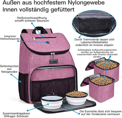 BAGLHER丨Dog Travel Bag, Airline Approved Pet Supplies Backpack, Dog Travel Backpack with 2 Silicone Collapsible Bowls and 2 Food Baskets