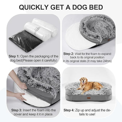iweepet 3.7 inch Thickened Orthopedic Dog Beds for Extra Large Dogs, Fluffy Supportive Dog Sofa Bed with 28D Egg-Crate Foam, Removable Washable Cover, Waterproof Lining, Cozy Oval Design,Grey