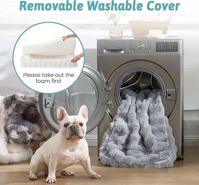COZY KISS Orthopedic Dog Bed for Large Medium Size Dog, Soft and Warm Faux Fur Sofa for Pet Up to 75 lbs, Foam Bolster Anti-Slip Couch with Washable Removable Cover, L 36x27x6.5 inch, Beige