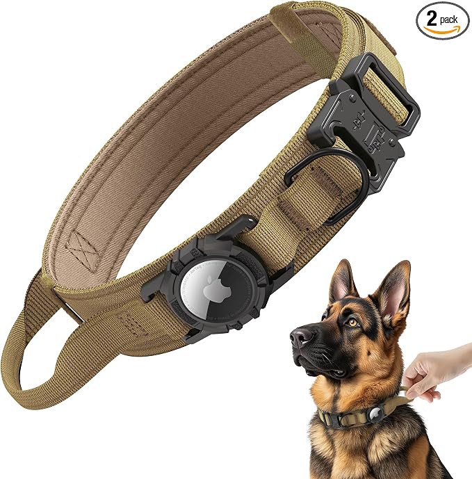 Tactical AirTag Dog Collar - Heavy Duty, Adjustable GPS Collar | Compatible with Apple AirTag, with Holder & Control Handle for Medium/Large Dogs [ Brown, M ]