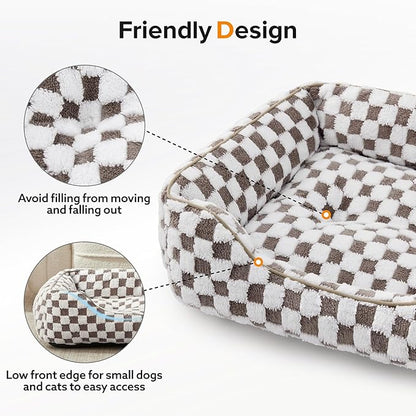 JOEJOY Dog Beds for Small Dogs -Cute Cat Beds for Indoor Cats Calming Pet Beds, Rectangle Orthopedic Cuddle Puppy Bed with Jacquard Shaggy Plush & Anti Slip Bottom, 20x19x6inches, Cofffee