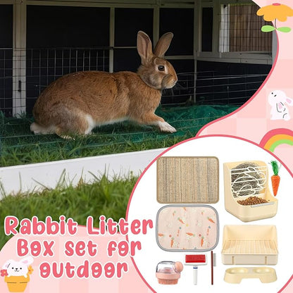 Honeydak 10 Pcs Rabbit Starter Kit Small Litter Box Bunny Grooming Kit Scratch Pads Hay Feeder Bowl Ice Pad with Bunny Toys for Guinea Pig Rabbit Accessories(Beige)