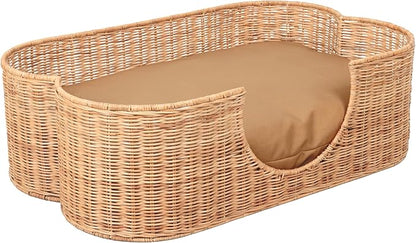 DBD1003B Scallop Handwoven Water Hyacinth Pet Bed with Machine Washable Cushion, 31" x 20" Wicker Cat and Dog Bed for Medium to Large Pets, Boho Tropical Style Basket, Light Brown