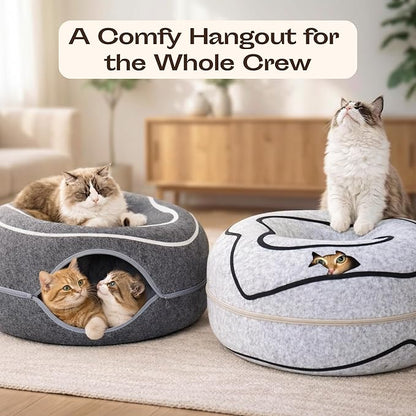 Meowfia Scratch-Resistant Felt Cat Cave – Donut Tunnel Bed Enclosure for Indoor Cats – Multi-Cat Hideaway in Cute Patterns (Light Grey)