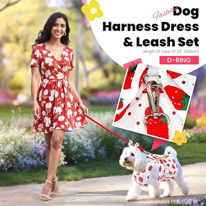 ABRRLO Cute Dog Dress Small Dog Clothes For Girls Female Puppy Outfits Red Strawberry Pet Summer Clothes Bowknot Doggy Cat Princess Dresses Harness for Holiday Birthday Party Costume Clothing (Red,XS)