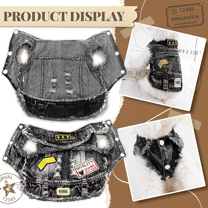 Cool Dog Jean Jacket Small Puppy Outfits Frenchie Clothes Denim Coats for Small Medium Dogs Cats Boys Girls Pet Vest Dog Shirt Clothing Doggy Costume (Black Print, L（Suggest 9-12 lbs）)