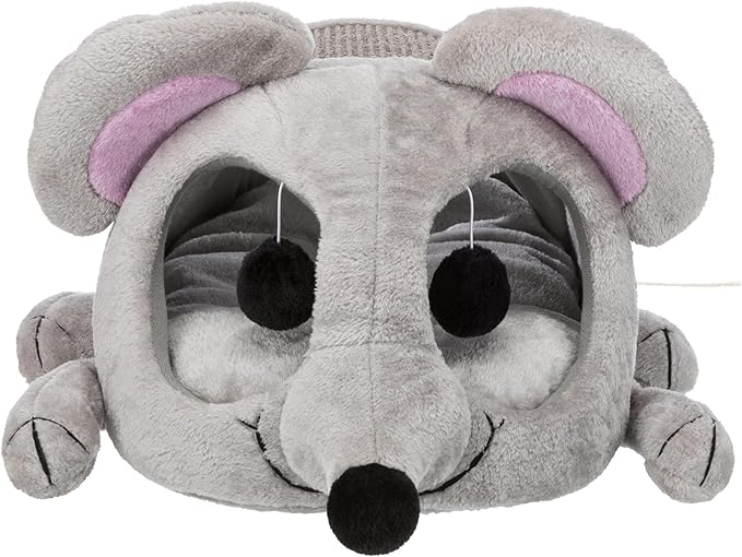 TRIXIE Lukas Cuddly Cave, Plush Mouse Character Cat Condo, Sisal Cat Scratcher, Crinkle Fabric, Padded Bed, Gray