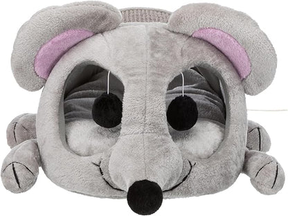 TRIXIE Lukas Cuddly Cave, Plush Mouse Character Cat Condo, Sisal Cat Scratcher, Crinkle Fabric, Padded Bed, Gray