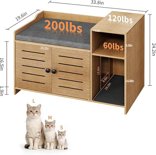 Cat Litter Box Enclosures, Large Hidden Cat Litter Box Furniture with Double Door, Wooden End Table Litter Box Cabinet with Storage Shelf, Cushion & Litter Mat, Dog Proof Design, Modern Cat House