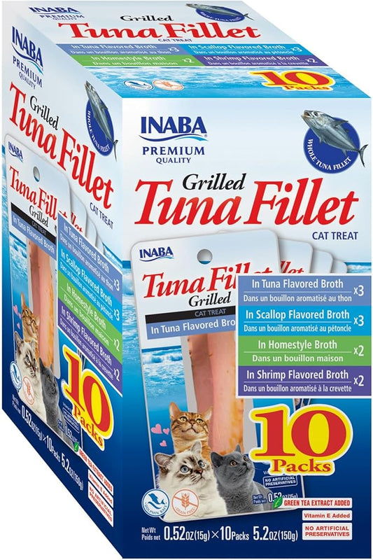 INABA Premium Grilled Tuna Fillet Cat Treats with Vitamin E and Green Tea Extract, 0.52 Ounces Each, Pack of 10, Variety Box
