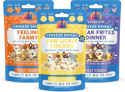 Sampler of all Weruva Freeze Dried Dog Food Recipes, Feeling Farmy, Paw Lickin Chicken, and Steak Frites Dinner (3 Pack, 1oz Bags)