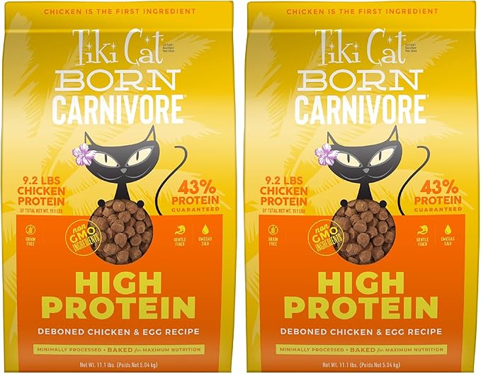 Tiki Cat Born Carnivore High Protein,Deboned Chicken & Egg,Grain-Free Baked Kibble to Maximize Nutrients,Dry Cat Food,11.1 lbs. Bag,(Pack of 2)