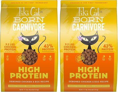 Tiki Cat Born Carnivore High Protein,Deboned Chicken & Egg,Grain-Free Baked Kibble to Maximize Nutrients,Dry Cat Food,11.1 lbs. Bag,(Pack of 2)