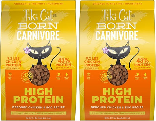 Tiki Cat Born Carnivore High Protein,Deboned Chicken & Egg,Grain-Free Baked Kibble to Maximize Nutrients,Dry Cat Food,11.1 lbs. Bag,(Pack of 2)