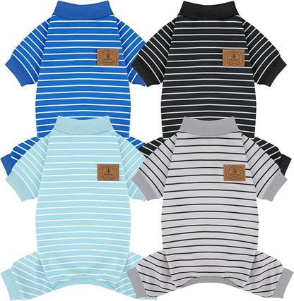 XPUDAC 4 Pack Dog Pajamas Striped Dog Clothes for Small Medium Dogs Girl Boy Comfy Puppy Outfit Doggy Jammies Onesie Pet Costume, Blue, Grey, Green, M