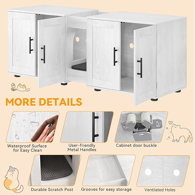 GAOMON Litter Box Enclosure with Double Cage, Cat House,Hidden Litter Box Enclosure Furniture for 2 Cats, Wooden Enclosed Cat Litter Box Furniture,55”L x 17.7”W x 22.5”H,White