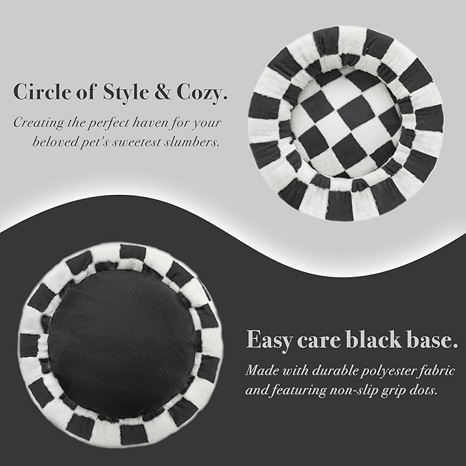 Ohocut Checkered Dog Bed, Cute Black White Retro Style Aesthetic Round Warming Pet Calming Beds for Small Dog and Cats, Plush Cozy Donut Dog Beds Washable, 30" L x 30" W x 8" Th