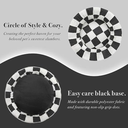 Ohocut Checkered Cat Dog Bed, Cute Black White Retro Style Aesthetic Round Warming Pet Calming Beds for Small Dog and Cats, Plush Cozy Donut Beds Washable, 23" L x 23" W x 8" Th