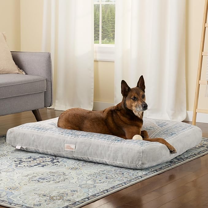 Town & Country Everyday CuddleTown Medallion Everwash® Pillow Pet Bed, Water Repellent Floor Pillow, Machine Washable Cover, Soft & Calming, Blue/Greige, Large 44"x34"x4"