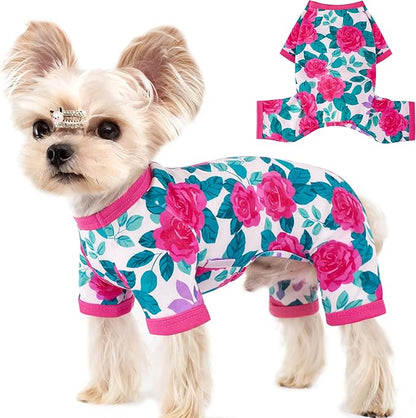 Dog Pajamas Summer Dog Clothes for Small Medium Dogs Girl Dog Pjs Cute Doggie Onesie Breathable Puppy Clothes Soft Stretchy Cat Pet Outfit (Rose Flower, X-Small)