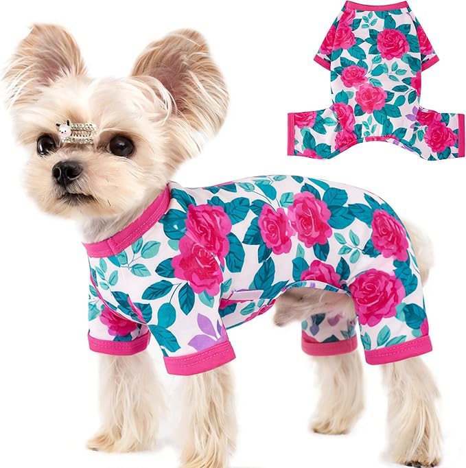 Dog Pajamas Summer Dog Clothes for Small Medium Dogs Girl Dog Pjs Cute Doggie Onesie Breathable Puppy Clothes Soft Stretchy Cat Pet Outfit (Rose Flower, Medium)