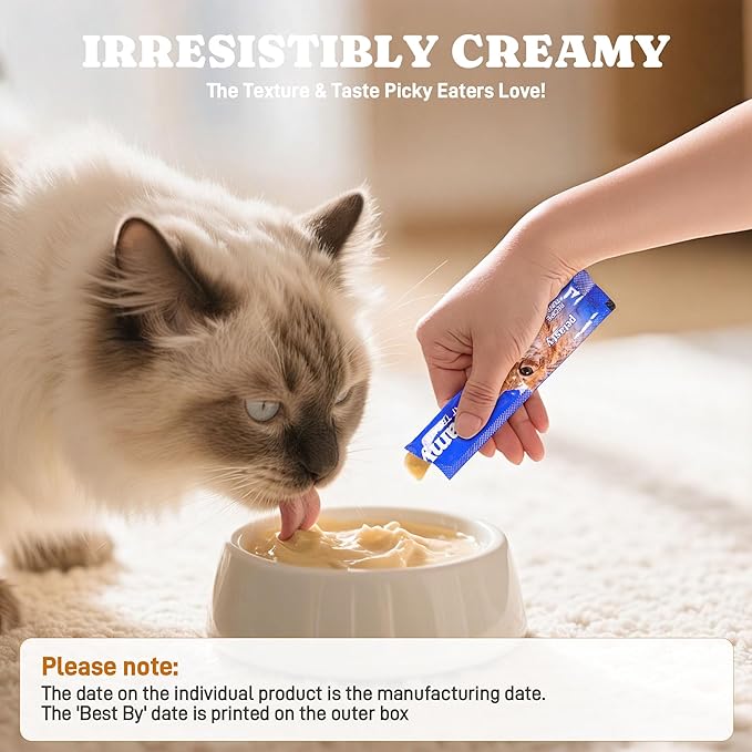 Lickable Cat Treats, High Moisture Hydrating Creamy Puree Squeeze Tubes, Slamon Flavor, 20 Tubes 0.5oz, Grain-Free, Omega Oils & Vitamin E, Skin & Coat Health, Digestive and Immune Support