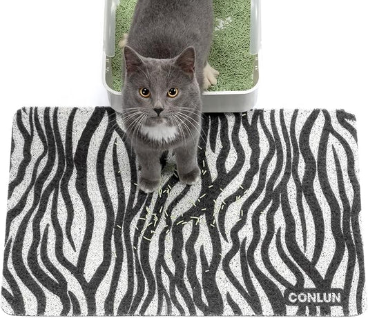 Conlun Cat Litter Mat Litter Trapping Mat, Premium Durable PVC Cute Cat Litter Box Mat, Non-Slip, Less Waste Kitty Litter Mat, Soft on Kitty’s Paws, 24”x 17” cat matts for litter, Zebra Stripe