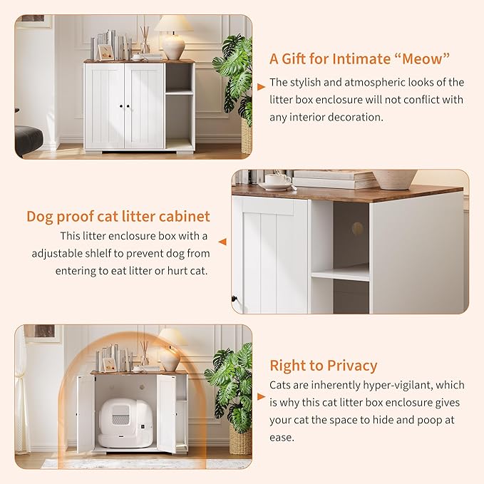 Large Cat Litter Enclosure with Litter Collector, Enclosure for Self-Cleaning Litter Boxes,Adjustable Shelf for Dog Proof,Charging Station, Large Hidden Litter Box for Cat, Cat House