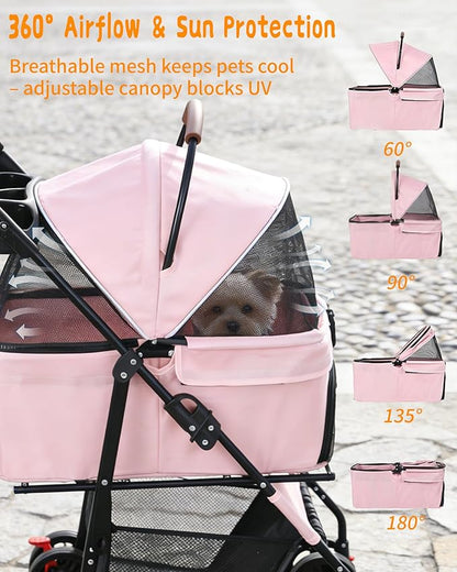 Pet Stroller with Removable Carrier, 35lbs Capacity - One-Click Foldable Dog Stroller, Cat Carrier & All-Terrain Wheels, Compact Travel Pet Stroller for Small to Medium Pets-Pink