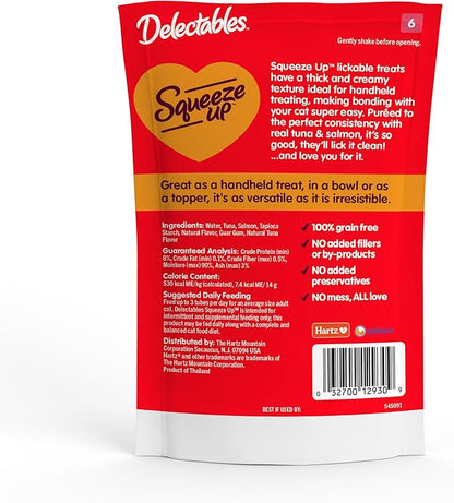Delectables Squeeze Up Creamy Squeezable Puree, Lickable Wet Cat Treats, Grain Free, No Added Fillers, No By-Products, No Added Preservatives, 0.5 Ounces Tuna & Salmon, 32 Tubes Total