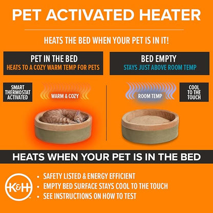 K&H Pet Products Thermo-Kitty Bed Heated Cat Beds for Large Indoor Cats & Dogs, Calming Warming Pillow Pet Bed, Machine Washable, Removable Heater, Safety Listed - Large 20" Round Mocha/Tan