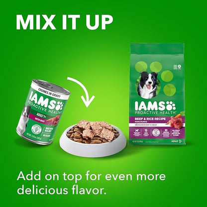 IAMS Proactive Health Adult Wet Dog Food Chunks in Gravy, Beef Recipe, 13 oz. Cans (12 Count, Pack of 2)