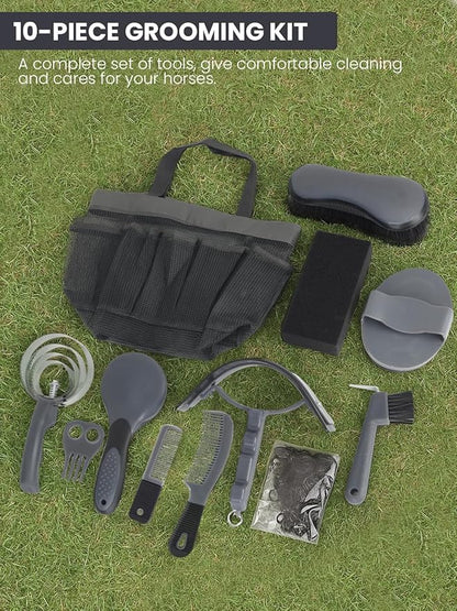 Horse Grooming Kit 12 Pcs – Complete Horse Brushes & Care Supplies Set with Organizer Tote Bag, Equine Coat Grooming Tools, Tack Room Equipment & Gifts for Horse Owners & Lovers