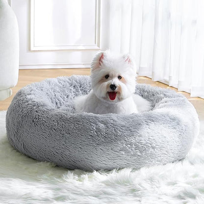 Calming Small Dog Bed, Donut Fluffy Anti-Anxiety Round Washable Cute Bed, Plush Cozy Cuddler Warming Soft Comfort Pet Bed for Small Medium Dogs Cats, 28inch,Light Grey