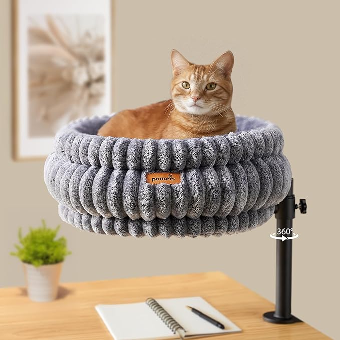Cat Desk Bed, Desk-Mounted Cat's Perch with 360° Rotation & Adjustable Height, Supports Up to 40LBS, Desktop/Flat Surface Use, Cozy Elevated Kitten Hammock/Nest for Indoor Cats & Home Office