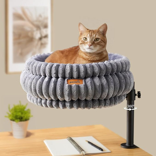 Cat Desk Bed, Desk-Mounted Cat's Perch with 360° Rotation & Adjustable Height, Supports Up to 40LBS, Desktop/Flat Surface Use, Cozy Elevated Kitten Hammock/Nest for Indoor Cats & Home Office