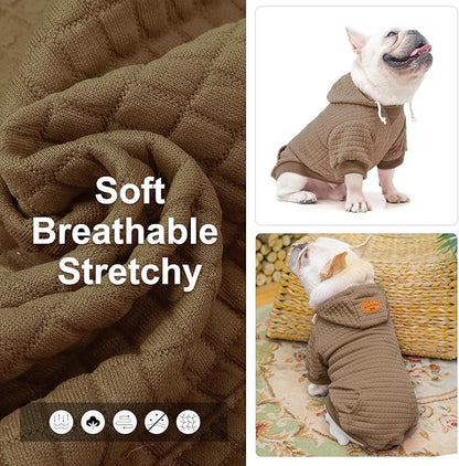 BEAUTYZOO Small Dog Hoodie Sweater with Pockets, Dog Clothes for Small Medium Dogs Boy Girl, Waffle-Like Laminated Cotton Pet Coats with Hat and Leash Hole, Khaki L