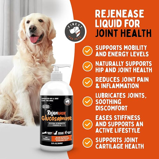 Liquid Glucosamine for Dogs with Chondroitin, MSM & Hyaluronic Acid (32oz). Hip & Joint Supplement Supports Better Mobility & Promotes New Cartilage. Eases Joint Stiffness. Rejenease, Made in USA