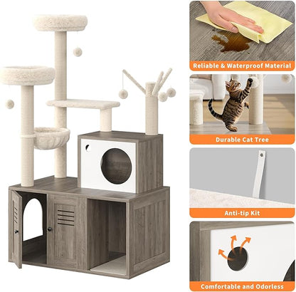 Furniture Style Cat Tree Tower & Hidden Litter Box Cabinet Combo – Multi-Level Cat House with Sisal Scratching Posts, Perch & Luxury Hammock