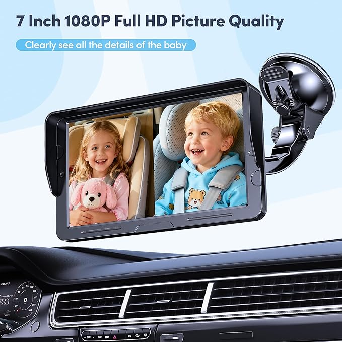 2-Kids Baby Car Camera Dual Monitor – 7 Inch Display with Two Rear Facing Car Seat Cameras, 1080P HD Night Vision IR-CUT, USB Powered Plug and Play Backseat Baby Monitor for Infant & Toddler Safety