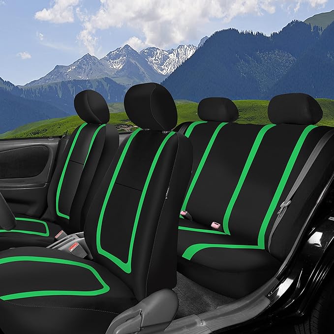 FH Group Car Seat Covers Full Set Cloth - Universal Fit Automotive Seat Covers, Low Back Front Seat Covers, Solid Back Seat Cover, Washable Car Seat Cover for SUV, Sedan and Van Green