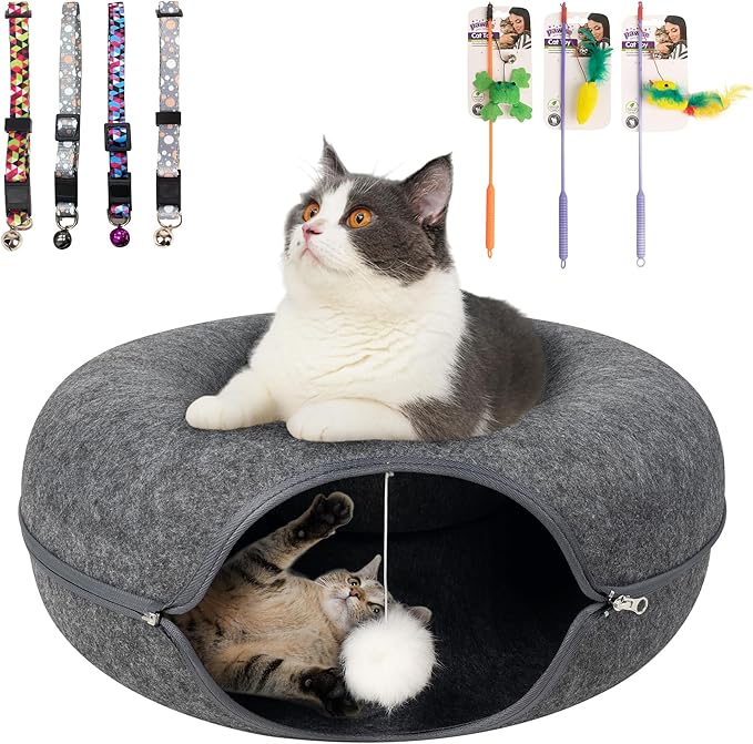 Pawise Peekaboo Cat Cave Donut Tunnel Bed, Cat Tunnel Bed,Convertible Felt Cats Cave for Indoor Catty, Comes with Random Catty Teaser Wand & Cat Collar(Large)