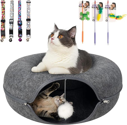 Pawise Peekaboo Cat Cave Donut Tunnel Bed, Cat Tunnel Bed,Convertible Felt Cats Cave for Indoor Catty, Comes with Random Catty Teaser Wand & Cat Collar(Large)