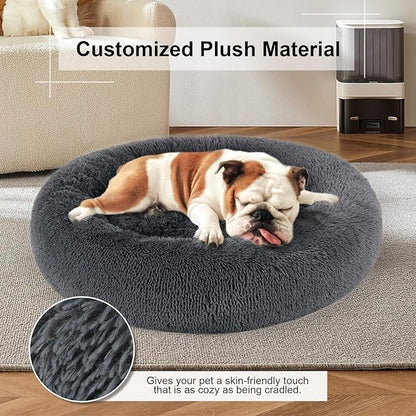 Dog Bed, Cat Calming Bed, Faux Fur Pillow Pet Donut Cuddler Round Plush Bed for Large Medium Small Dogs and Cats (Dark Grey, 23.0" L x 23.0" W x 7.0" Th)
