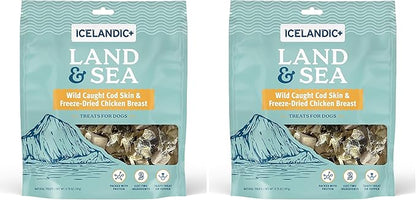 Icelandic+ Land & Sea Wild Caught Cod Skin & Freeze-Dried Chicken Breast -6.75oz Bag, Dog Treat & Food Topper, 2 Ingredient, No Preservatives, Natural (Pack of 2)