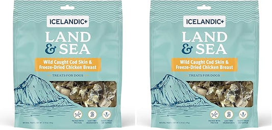 Icelandic+ Land & Sea Wild Caught Cod Skin & Freeze-Dried Chicken Breast -6.75oz Bag, Dog Treat & Food Topper, 2 Ingredient, No Preservatives, Natural (Pack of 2)