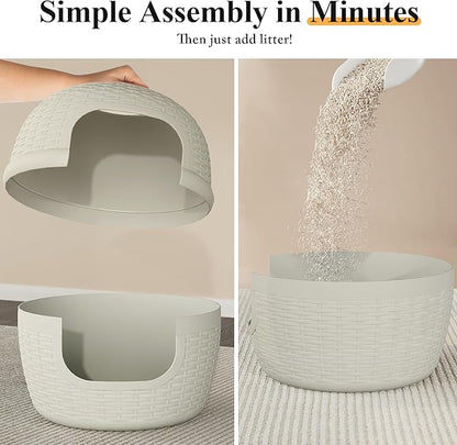 Cat Litter Box, Hidden Litter Box with Faux Plant, Heavy Duty Litterbox Enclosure Furniture with Rattan Pattern, PP Cat Box Enclosure Furniture for Living Room, Bedroom, White