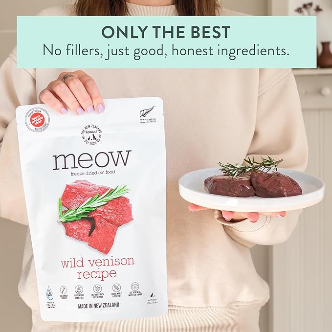 The New Zealand Natural Pet Food Co. Meow Freeze Dried Cat Food - Wild Venison Recipe, High Protein Treats, Meals & Toppers, Dry Cat Food, 9.9 oz