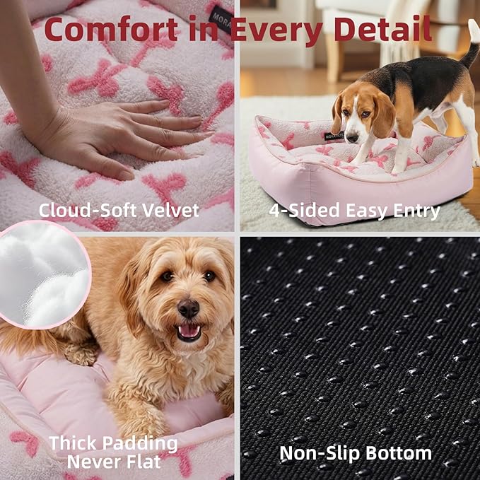 Mora Pets Reversible Dog Bed for Small Medium Dogs Large Cat Bed Washable - Cool & Warm 2-in-1 Anti Anxiety Calming Pet Bed for Summer, Rectangle Puppy Bed with Cute Pink Bow (25''x21''x7'')