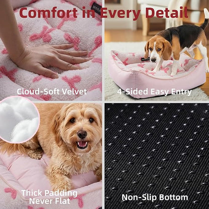Mora Pets Reversible Dog Bed for Small Medium Dogs Large Cat Bed Washable - Cool & Warm 2-in-1 Anti Anxiety Calming Pet Bed for Summer, Rectangle Puppy Bed with Cute Pink Bow (25''x21''x7'')